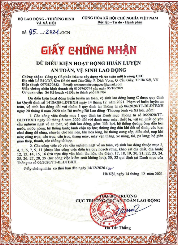 Giấy chứng nhận đủ điều kiện hoạt động huấn luyện an toàn, vệ sinh lao động